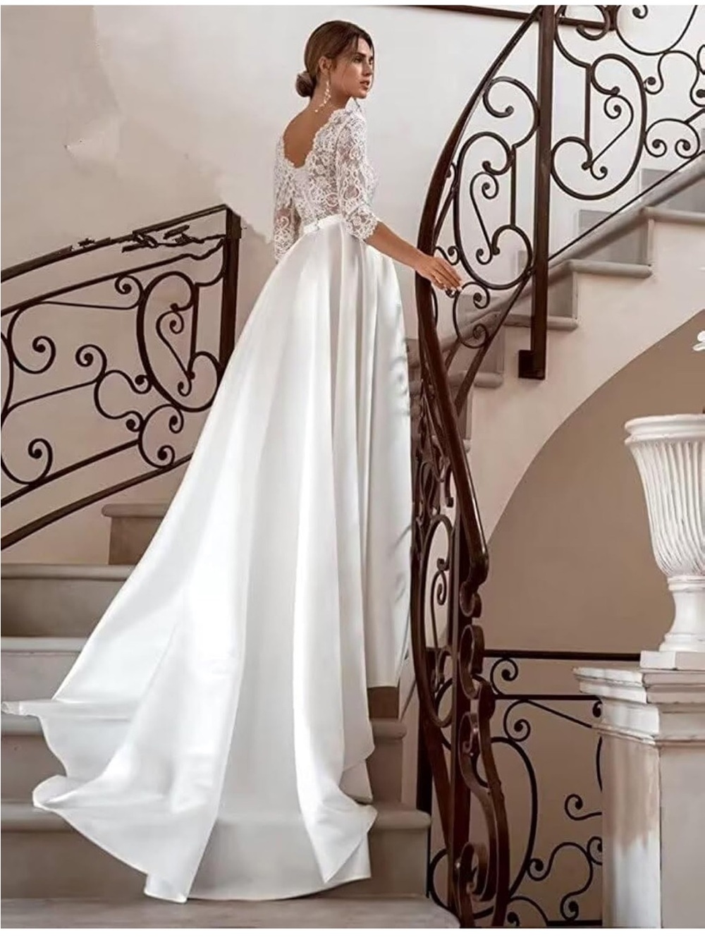 Romantic White Lace Top Satin Train Wedding Gown